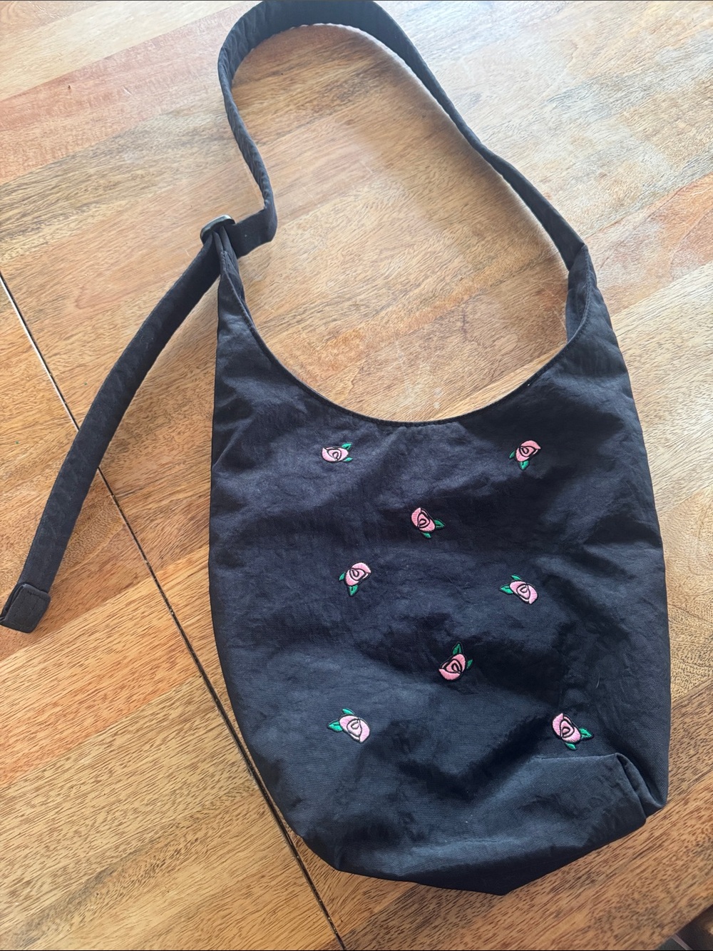 BAGGU Black Shoulder Bag with Pink Rose Embroidery